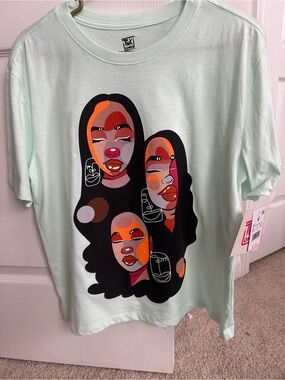 Justice Mint Graphic Tee with Multicolor Face Art